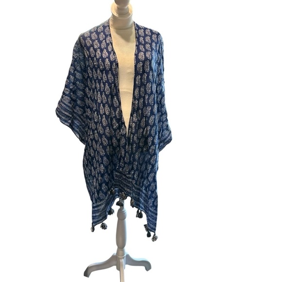 Tops - Kimono Duster In One Size Women's blue and white with tassels